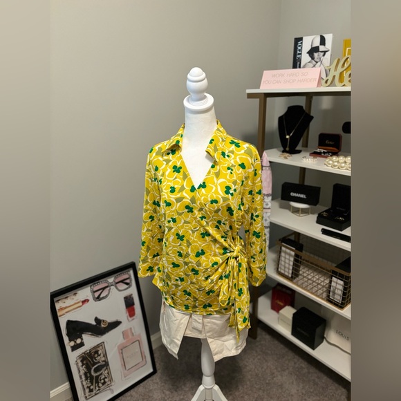 Camicetta Snob Collar Printed Yellow Green Wrap Top 46 NWT